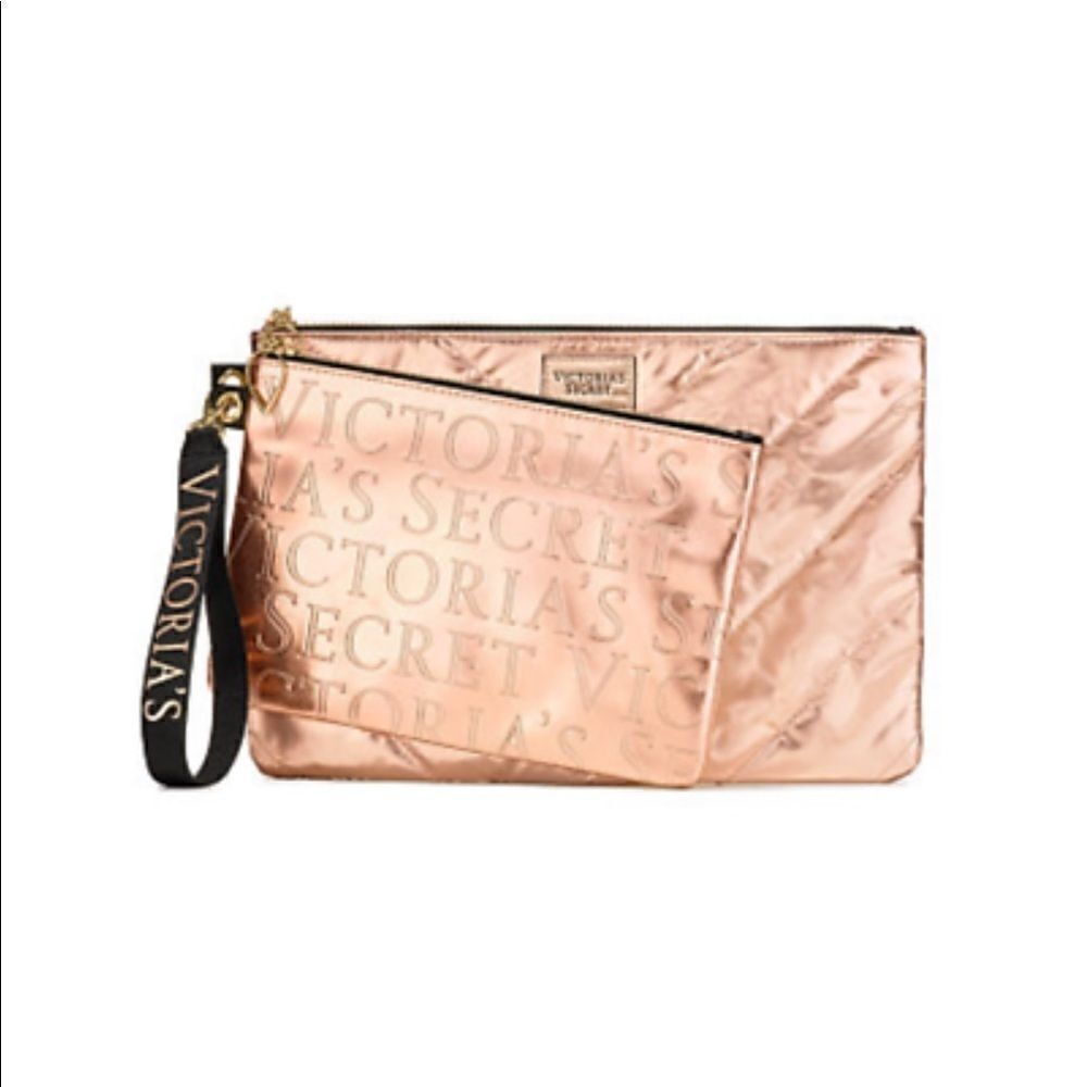 Victoria's Secret Clutch Set Rose Gold Quilted Zippered Removable Strap NEW